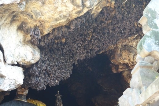 De 'bat cave' van pura Goa Lawah, de tempel waar alle Ballinezen heen gaan in verband met de ceremonie na de crematie 