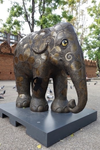 Op veel plekken zijn beschilderde olifanten te zien, deze is op het moment voorzien van een rouwband in verband met het overlijden van de koning