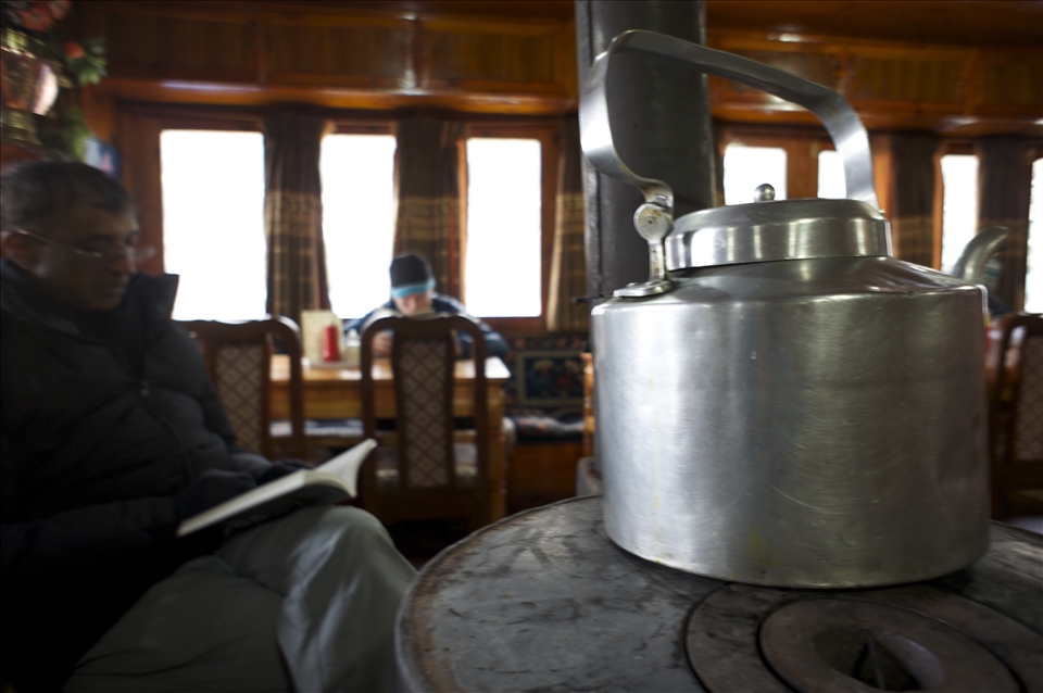 The climb up to Namche Bazaar on the second day of the trek was probably one of the toughest days for me. By the time we reached our tea lodge, I was already suffering from exhaustion and altitude sickness. Fortunately, we had an extra day to recuperate and acclimatize. I remember times spent gathered around the communal stove for warmth - sipping tea and attempting to read words from books. In retrospect, I think we very much needed these moments of normalcy - however fleeting - because our weary bones had a very long way to go.
