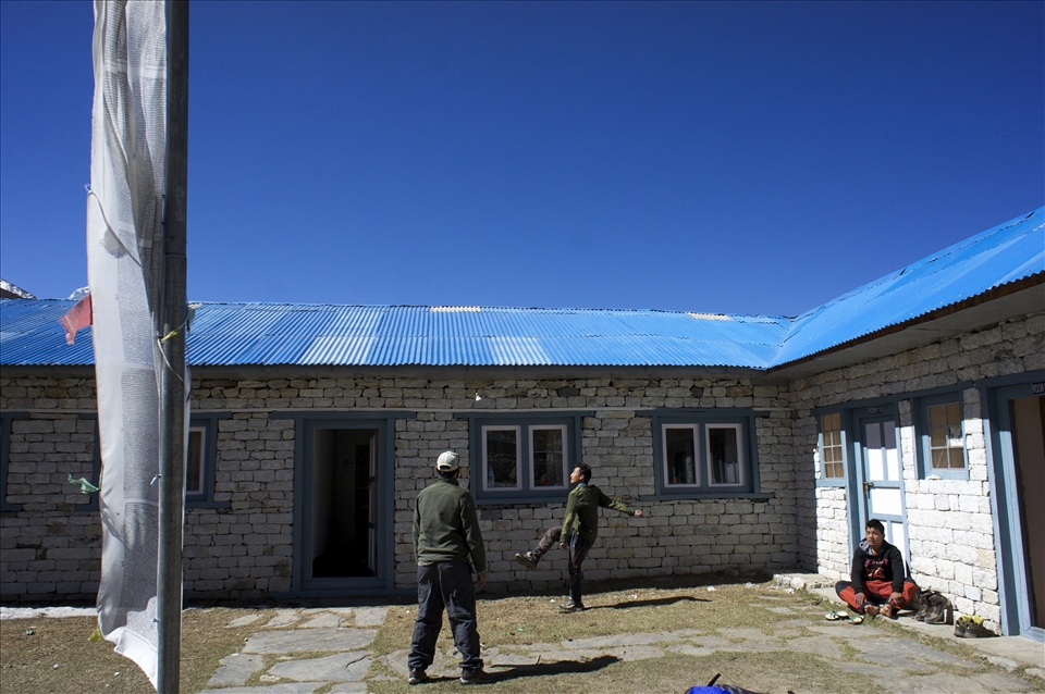 On day five we spent another two nights at Dingboche acclimatizing at 14,800 feet. Cradled in a small valley with a village population of 200, there wasn't much to do there but find inventive ways to play hacky sack with our accompanying sherpas.
