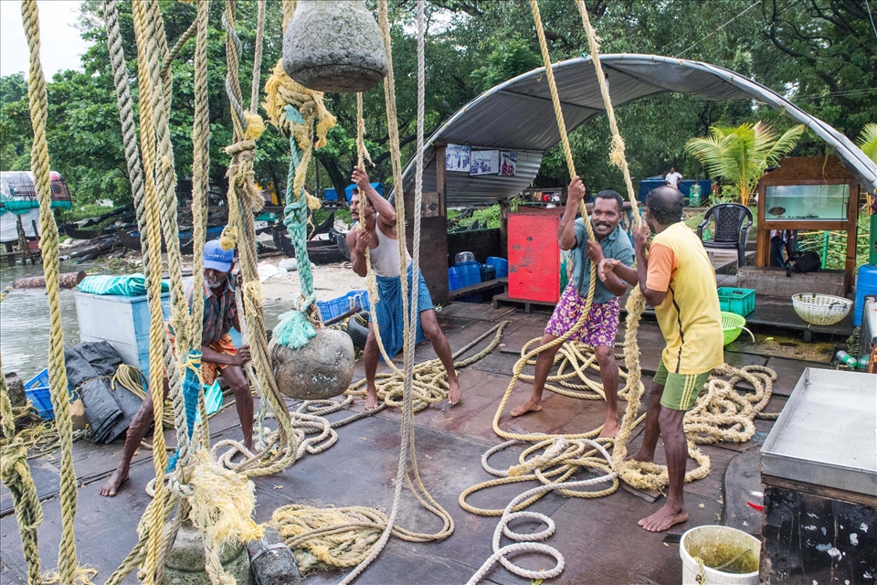 Muscles of work. Lots energy lifting the Chinese fishing nets for little return.