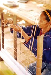 Baye Omeng sets the cotton fibers as the warp on the loom that has been passed down for generations. She relays that they consider this loom to be one of their prized possessions. : by ivan, Views[842]