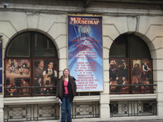 Sarah outside the Mousetrap theatre.