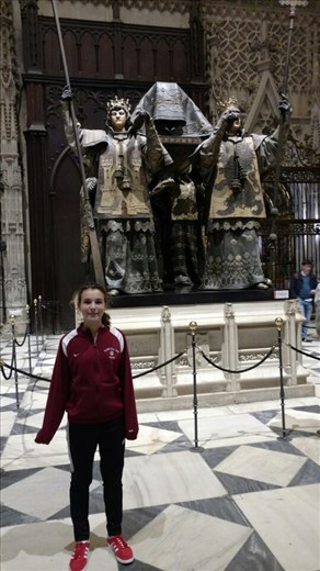 Maya in front of Columbus' raised tomb...check out Maya's new shoes