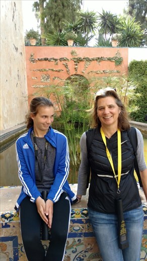 Beth and Maya on a Saturday morning in the gardens of the Alcazar