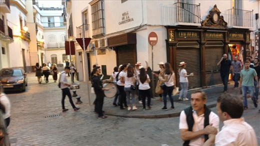 One of six or seven bachlorette parties roaming the streets...this one hired a band to follow them!