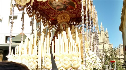 Street-level view of the Virgin