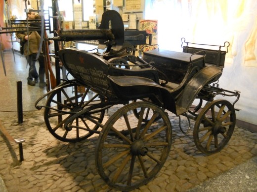 A carriage fitted with a machine gun in the Russian Revolution Wing of the History Museum.
