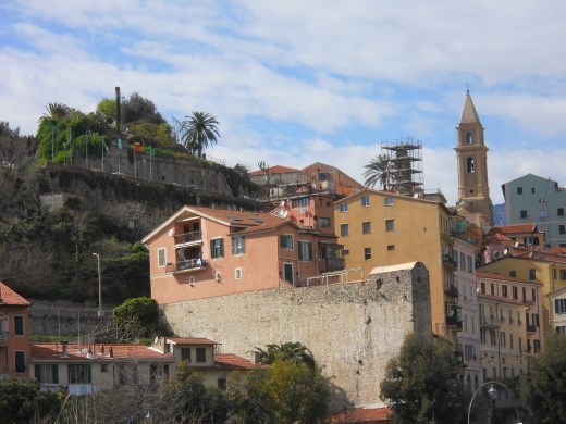 Looking up onto the old hill-town of  Ventimiglia, Italy