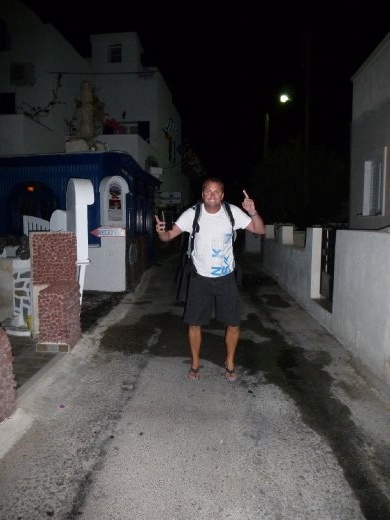 Finding our hotel in the dark, Perissa Beach, Santorini