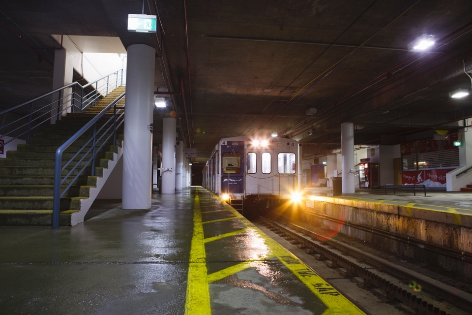 The 9pm SkiTube arrives at Front Valley of Perisher Ski Resort. Due to the cost of living 'on snow' most staff and guests live or stay in the nearby town of Jindabyne so the SkiTube has limited use after the ski slopes have closed and eveyone has returned to Jindabyne.