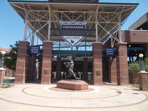 The Chickasaw Bricktown Ballpark with statue of Mickey Mantle