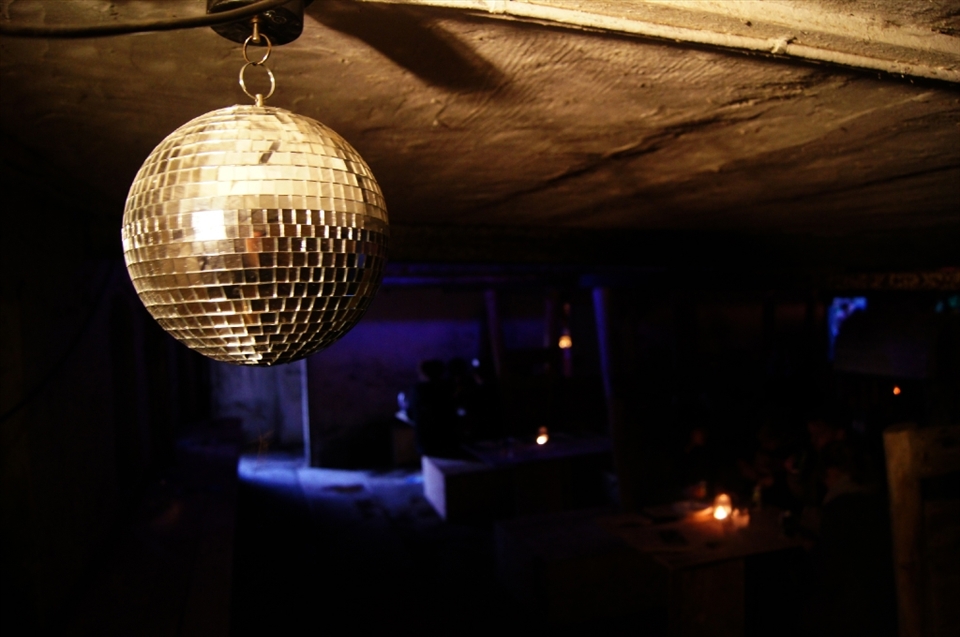 Ambient disco in the pigpen. Each room in the run-down farm built around a square had its own theme and feel.