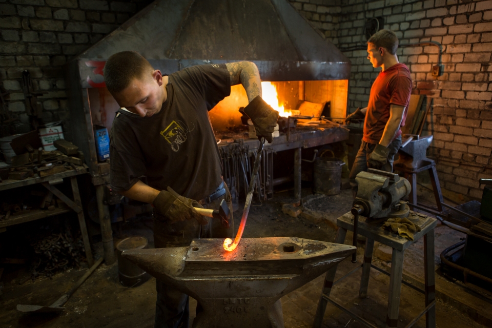 Oleg and Aleksandr, two young blacksmiths from Rybinsk, 300km north of Moscow