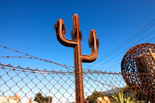 I love the juxtaposition of the rusted cactus sculpture against the chain wire mesh fence and barbed wire, showing more similarities than differences.