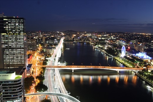 Brisbane City at sunset, captures major roads of Brisbane that connect with the river, taken 38 floors above Brisbane CBD.