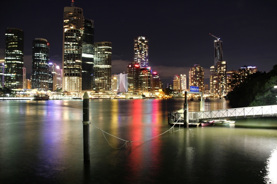 Kangaroo Point to Brisbane City, catches great colour of the river at night and shows the Ferry terminal. Brisbane Ferries are major part of Brisbane