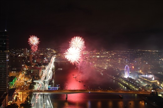 River Fire 2012, major festival of Brisbane celebrating the river. Fantastic colours and also shows the thousands of people celebrating the festival. 
