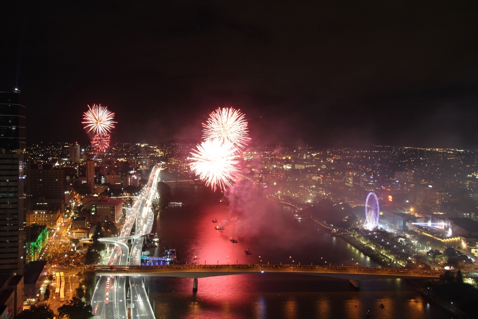 River Fire 2012, major festival of Brisbane celebrating the river. Fantastic colours and also shows the thousands of people celebrating the festival. 