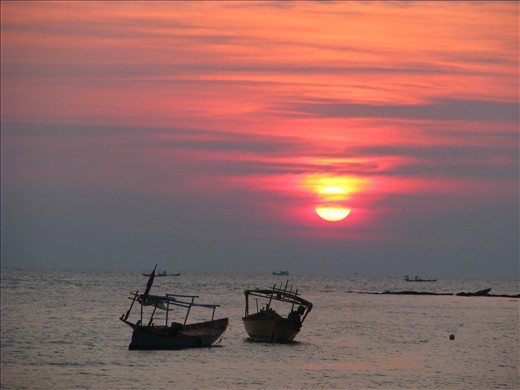 Empty Cambodian fishing boats anchored off the coast of Sihanoukville.