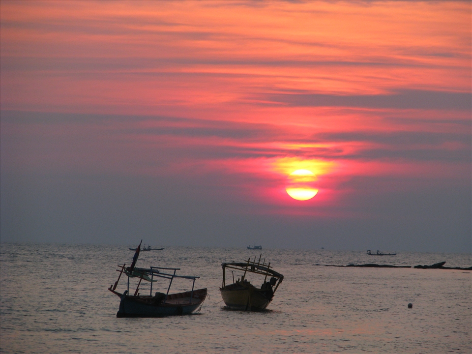 Empty Cambodian fishing boats anchored off the coast of Sihanoukville.