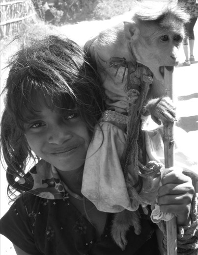 Serious(girl) complementing the carefree(monkey). Hampi, India.