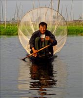 Inle fisherman checking nets while smoking cheroot : by jbertke, Views[348]