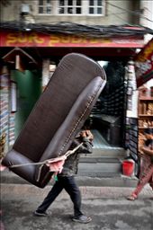 Streets of Thamel, Kathmandu - It has never ceased to astound me the strength of the human will and I experienced this first hand in Nepal trekking where I had the fortune of being assisted by porters who would sometimes carry baggage double their body weight over difficult terrain. Riding in a rickshaw, speeding through busy Kathmandu streets, by pure luck, I managed to photograph this man who seemed to possess superhuman strength, dwarfed by the giant lounge he was carrying on his back. : by jefffen, Views[1792]