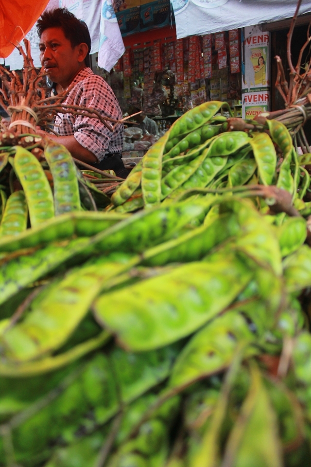 Petai (stink bean) seller,busy arranging his vendible, and serving his buyers. In high demand, the price of petai can increase to 7 times normal price, and people will still buy it because it’s one of local favorite commodity. 