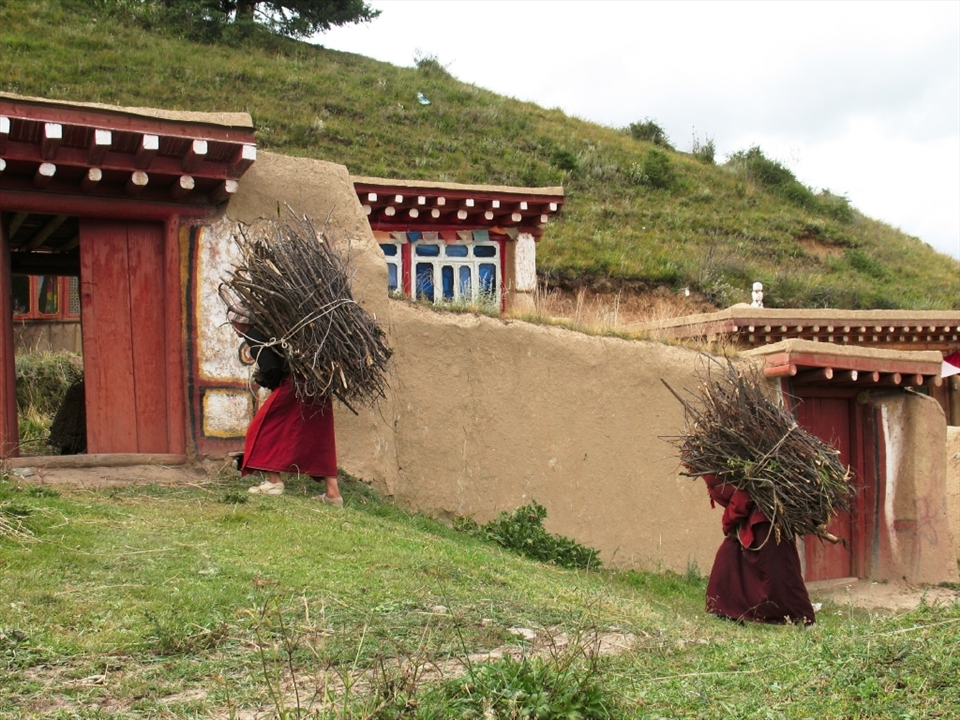 Nuns carry bundles of sticks they’ve collected for kindling. Swe Nunnery continues to elude the steady encroachment of modern Chinese influences into Tibet: the nunnery operates with no electricity or running water, and provisions must be fetched from the nearest town - a 45 minute walk away.
