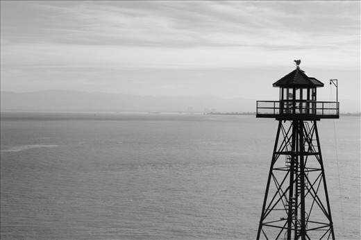 Alcatraz watch tower, unoccupied, much like the surrounding ocean.