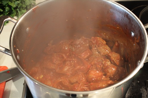 Browning the lamb with tomato and spices
