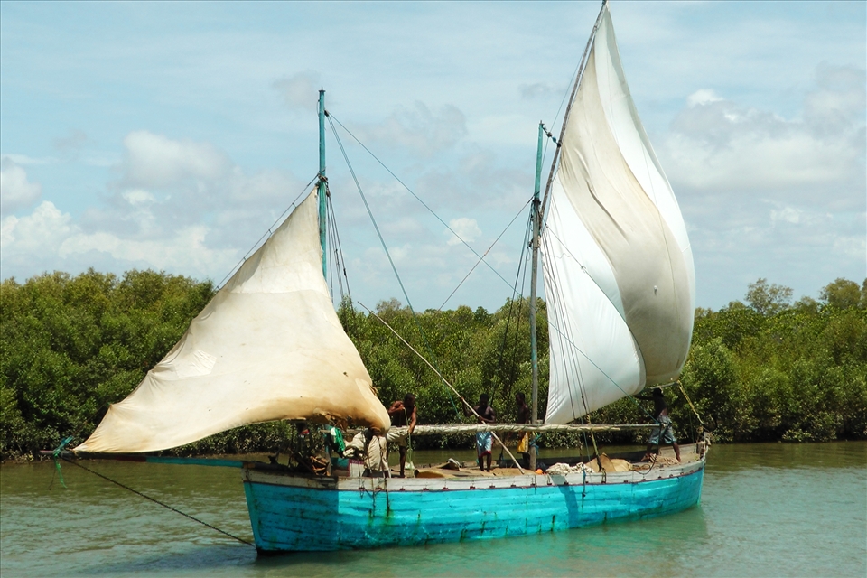 3.	A local trade dhow catches the wind, traversing a river towards the Mozambique Channel.