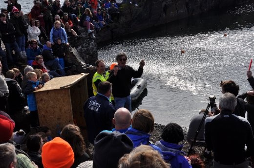 Easdale Island World Stone Skimming Competition - Jim's jubilance after a successful skim of the slate stone