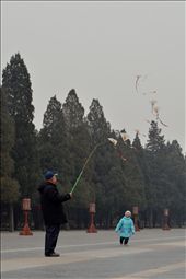 A grandfather flies a kite for his grandson looking on avidly: by jiwonkim, Views[259]