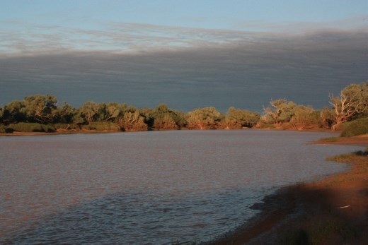 View over the permanent waterhole on the Diamantina at the Hunters Gorge campsite