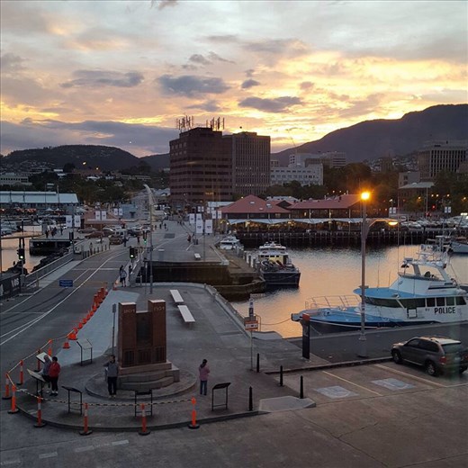 Sunset looking towards Mount Wellington. Taken from our room in Henry Jones hotel.