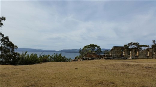 Derelict buildings and view at old Coal Mines Site, Tasman Peninsula
