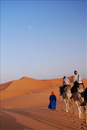 TOUCH:  A Berber leads a train of dromedaries (and travellers) into the Sahara.  It was a night under the stars that saw the travellers awaking with mouthfuls of sand the next morning after being buffeted and lashed by a relentless sandstorm.  But it was also a dawn that found the travellers trudging up a towering dune – barefoot, toes digging into the soft ground beneath, fine red sand succumbing to the fall of each step – to witness the rise of a Saharan sun. : by jooi, Views[362]