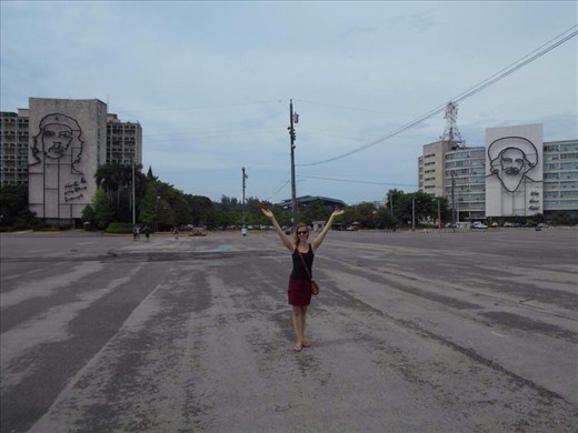 Juanita in Plaza de Revolution with her two new friends, Che and Fidel.