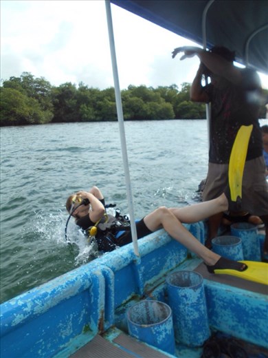 First time off the edge of the boat, all kitted-up. Open/confined water for dive skills learning.