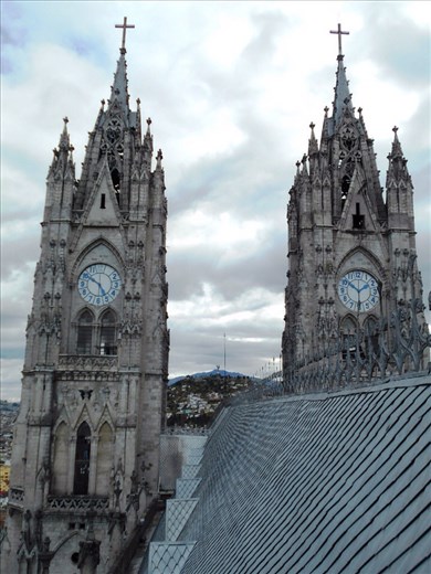Clock towers on Quito Cathedral. Couldn't figure out why neither of them were set to the correct time.
