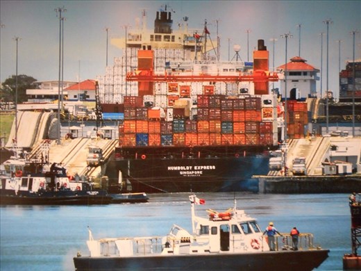 Ship passing through the gates further up Gatun Lake (before the Miraflores Locks).