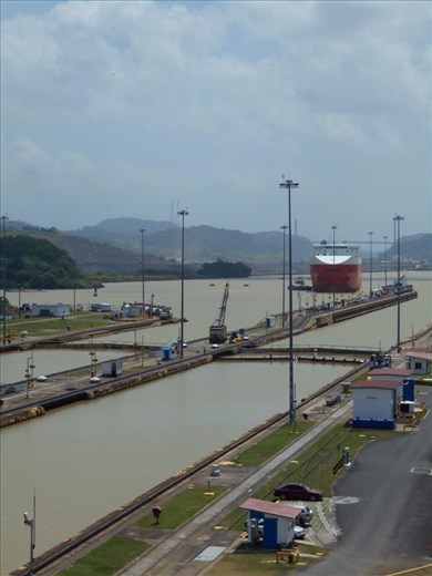The two lanes of the Miraflores Locks. 