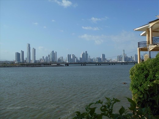 View of (the new) Panama City from the old town peninsula. Many many tall white sparkling skyscrapers.