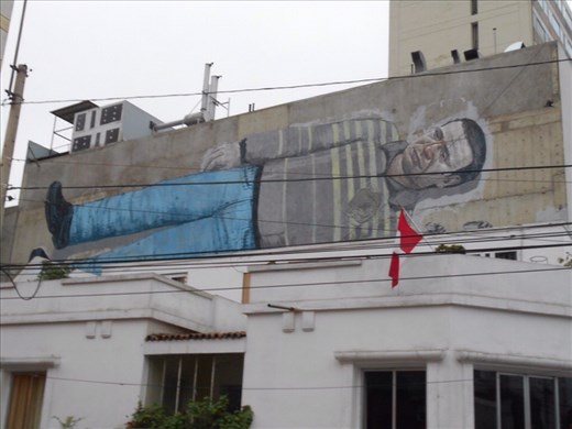 Admiring the local artwork.