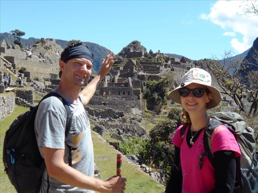 Waving goodbye to Machu Picchu on our way out.