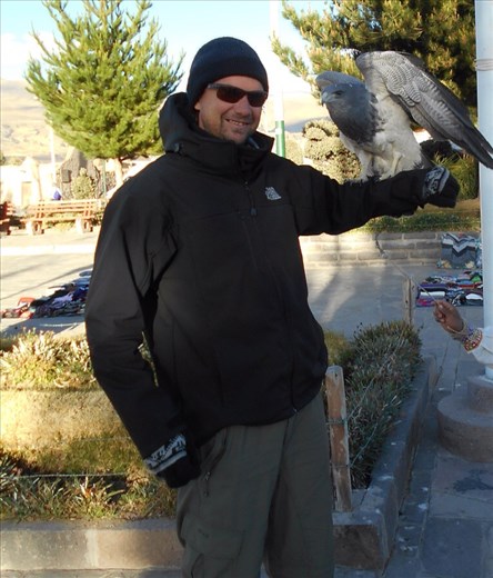 Jorje and his pet falcon in Yanque town square. No getting this close to the condors flying over Colca Canyon.