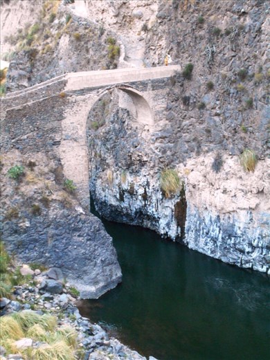 Inka bridge over the valley. Last town before the Colca Canyon and where the condors live.