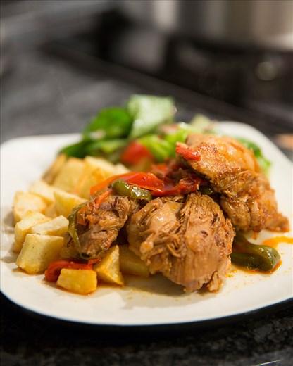 The finished product. Drunk chicken with potatoes and salad.